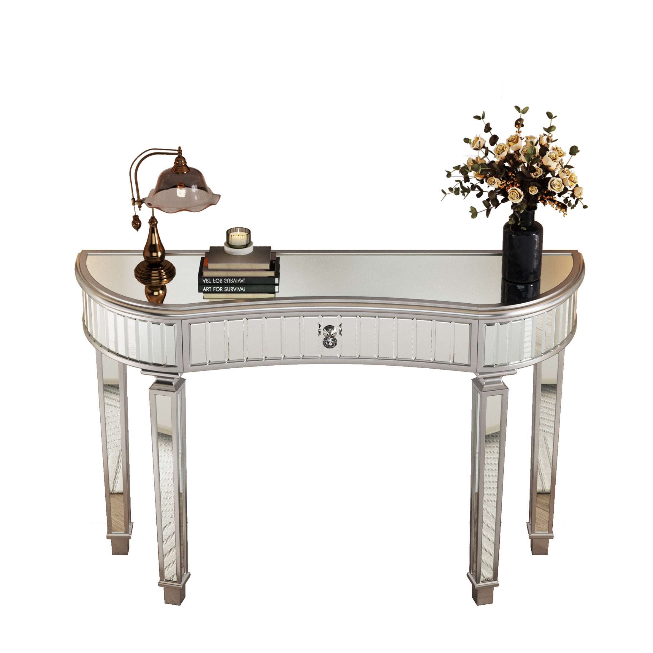 Noble House Half-Moon Mirrored Console Table with Fluted Glass & Crystal Knob Drawer - Silver Entryway Vanity Desk for Bedroom Dressing Room, Grey+Silver