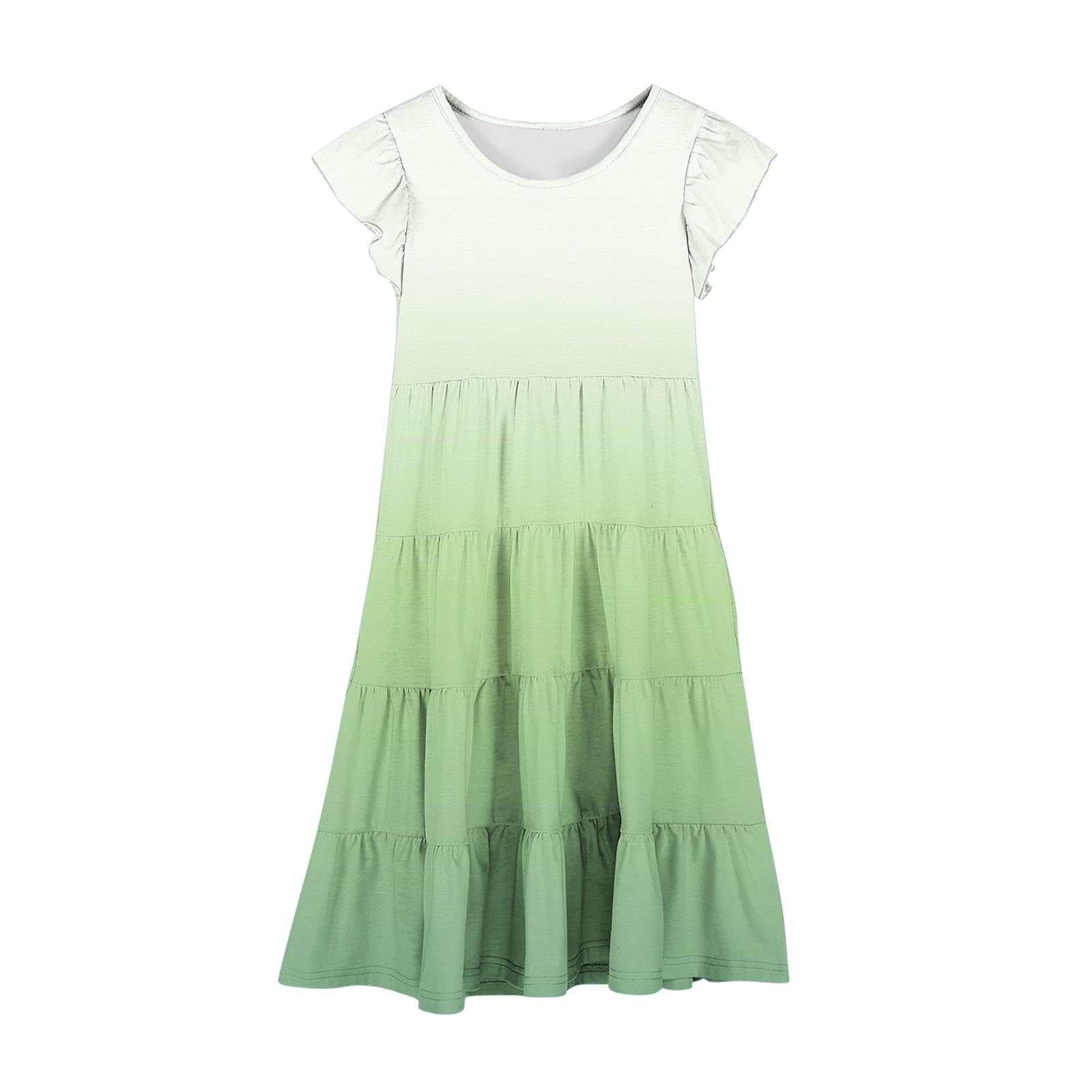 Midi Dresses for Teen Girls Size 6-15 Ruffle Cap Sleeve Sundresses Kids Trendy Gradient Printed Crew Neck Layered Summer Beach Dress
