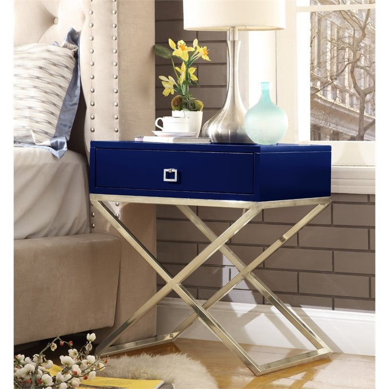 Brika Home 1 Drawer Nightstand in Navy Blue and Gold