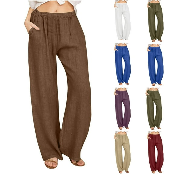 Frostluinai Casual Wide Leg Pants for Women Drawstring Elastic Waist Linen Palazzo Pants Solid Baggy Straight Leg Pants with Pockets