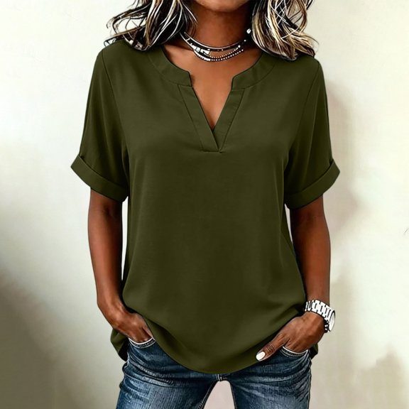 ClodeEU Women's V Neck Cuffed Short Sleeve Blouse,Solid Casual Loose Summer Top Army Green,Women's Plus L