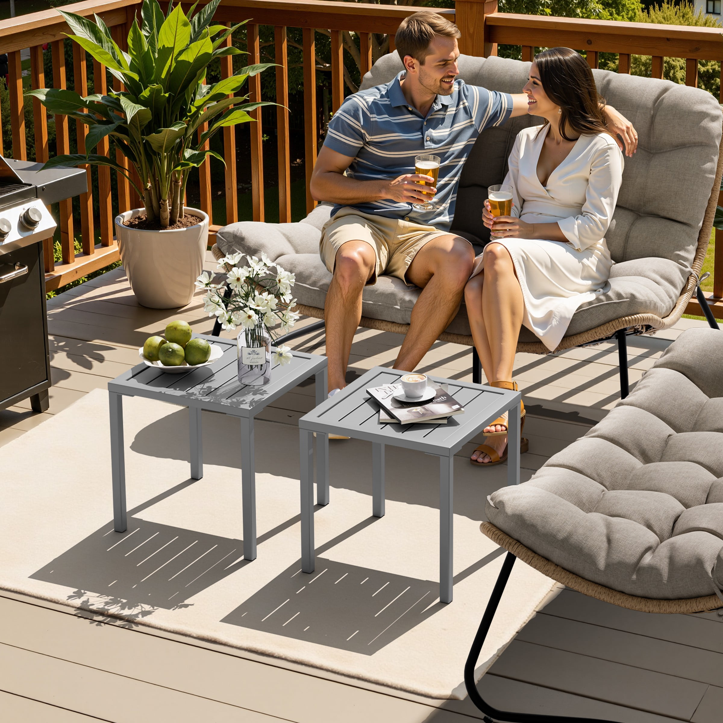 Crestlive Products 2-Pack 15.7" x 15.7" Outdoor Side Table, All-Weather Aluminum Square Patio End Table, Gray