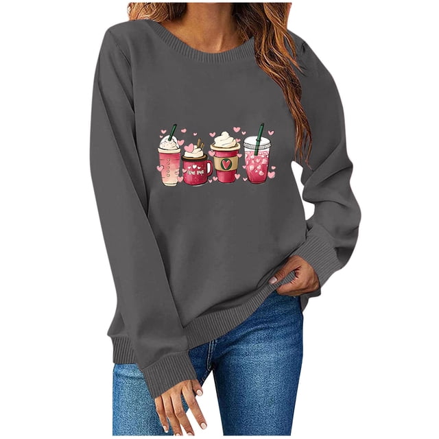 Meichang Chandails en Molleton Col Rond Femmes Saint-Valentin Couples Chandail en Molleton Femmes Imprimé Cœur Mignon Chandails en Molleton Pull Vacances Manches Longues Coupe Ample Cadeaux Vacances Chandails en Molleton