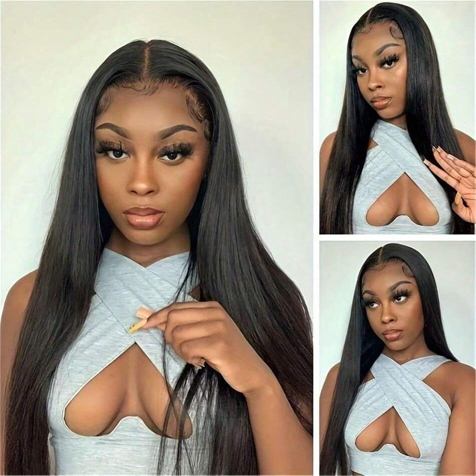 V Part Wigs Bone Straight Human Hair Wigs No Leave Out No Sew-In Glueless 250 Density Natural Black