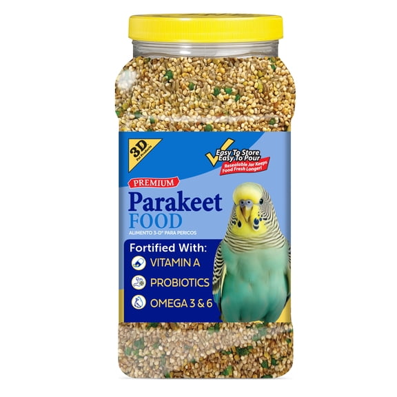 3-D Pet Products Premium Parakeet Bird Food, with Probiotics, 5 lb. Jar, for Daily Feeding