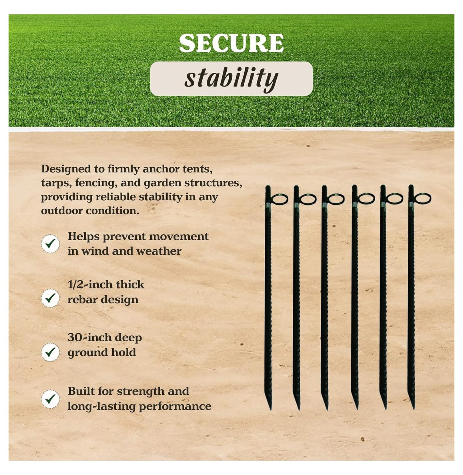 1/2" x 30" Stakes, Heavy-Duty Steel Ground Anchors with Loops for Tents, Tarps, Landscaping, Plants, and Outdoor Yard Support, 6 Pack