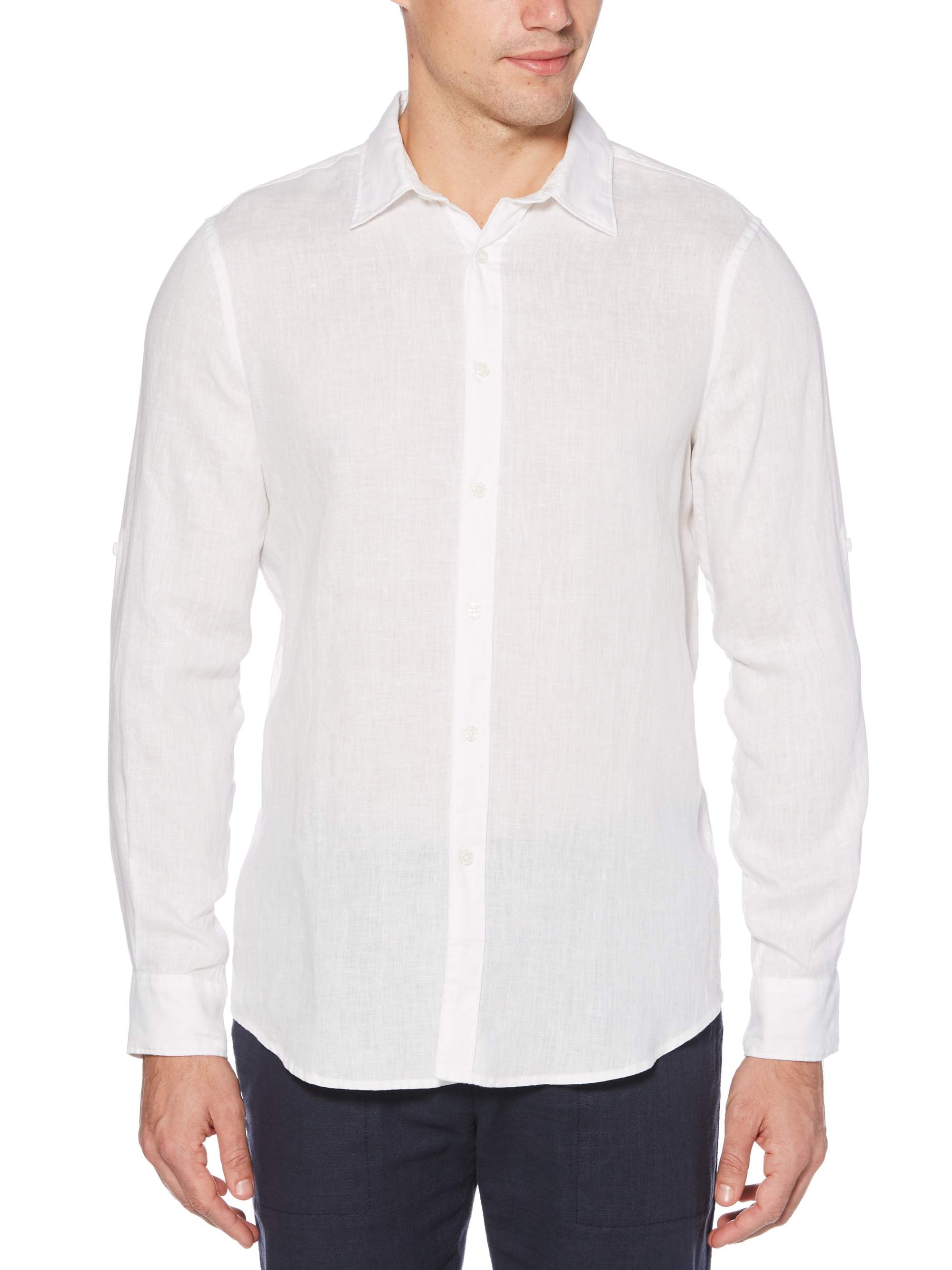 Photo 1 of PERRY ELLIS Rolled-Sleeve Solid Linen Cotton Shirt, White, Button-Up, Size Large.