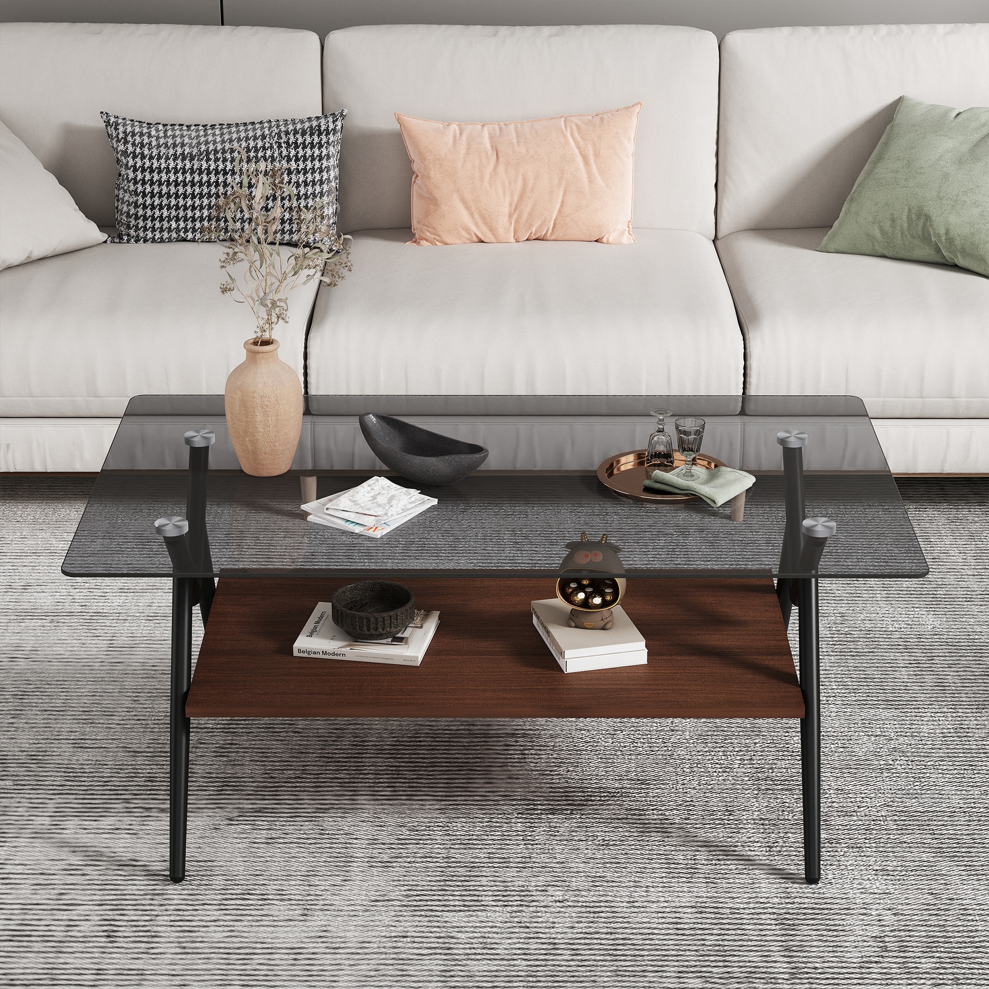 Leumius Glass Coffee Table with Lower Shelf,Clear Rectangle Glass Coffee Table, Modern Coffee Table with Metal Legs for Living Room,Brown +Gray