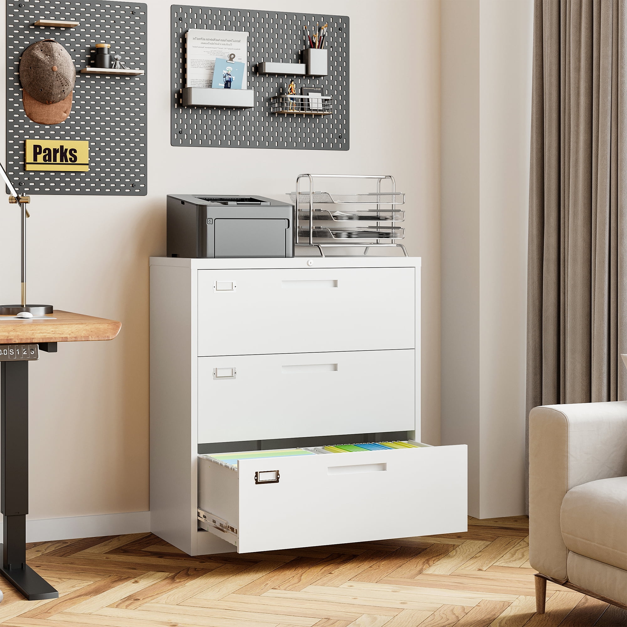 AUHUP 3 Drawer File Cabinet with Lock, Metal Lateral Filing Storage Cabinet Fits Letter/Legal/F4/A4 Size, File Cabinets for Home Office (White-Assembly Required)
