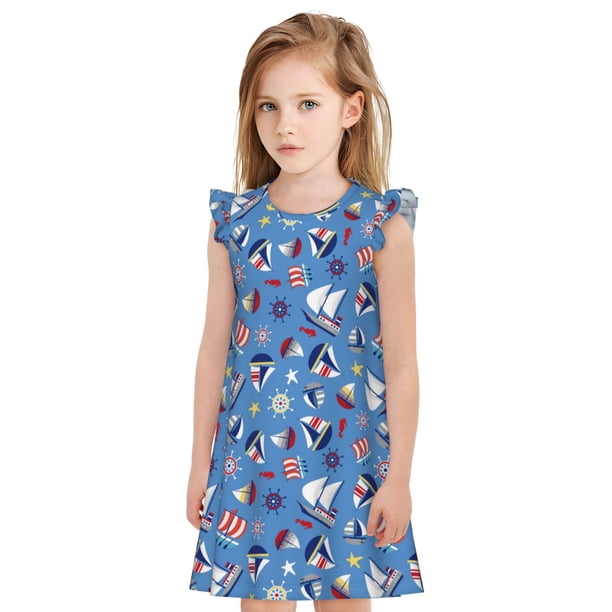 Balery Colorful Sailing Ship Camisón de princesa para niñas, pijama de algodón con mangas abullonadas, suave y bonito.-Small