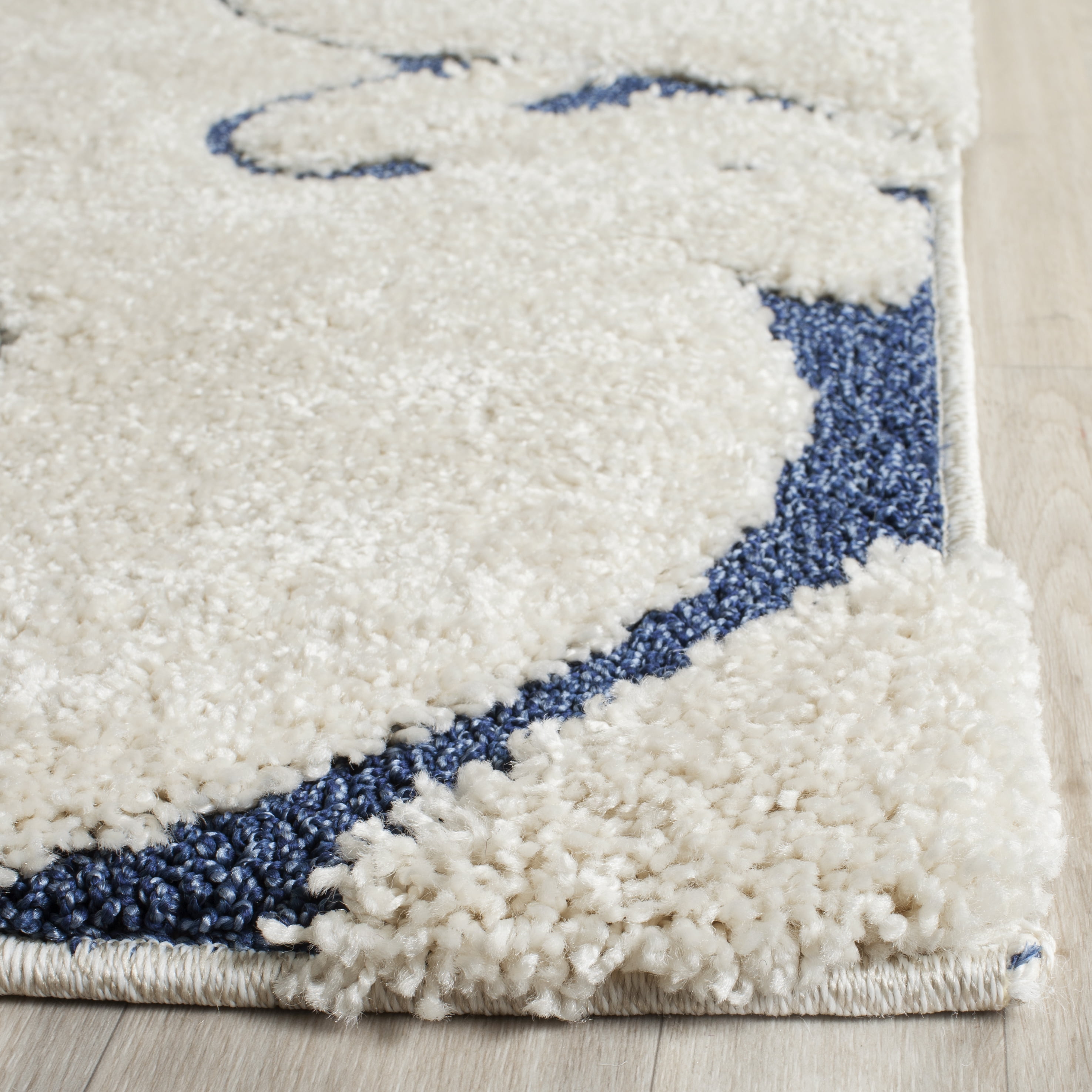 SAFAVIEH Florida Doug Floral Vines Geometric Shag Area Rug, Cream/Blue, 9'6" x 13' - Large - Transitional Modern Design, Cream & Blue, Non-Shedding & Easy Cleaning, Ultra Plush Thick Pile, Ideal for