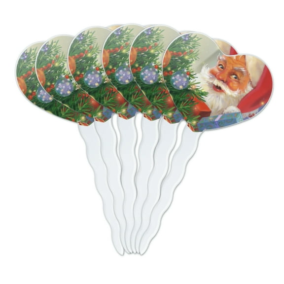 Christmas Holiday Santa Behind the Tree Heart Love Cupcake Picks Toppers Decoration Set of 6