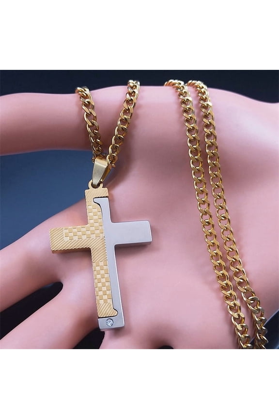 Goth 14K White Gold Cross Pendant Necklace Biker Men Punk Black Silver Color Crucifixion Crystal Necklace Hip Hop Jewelry