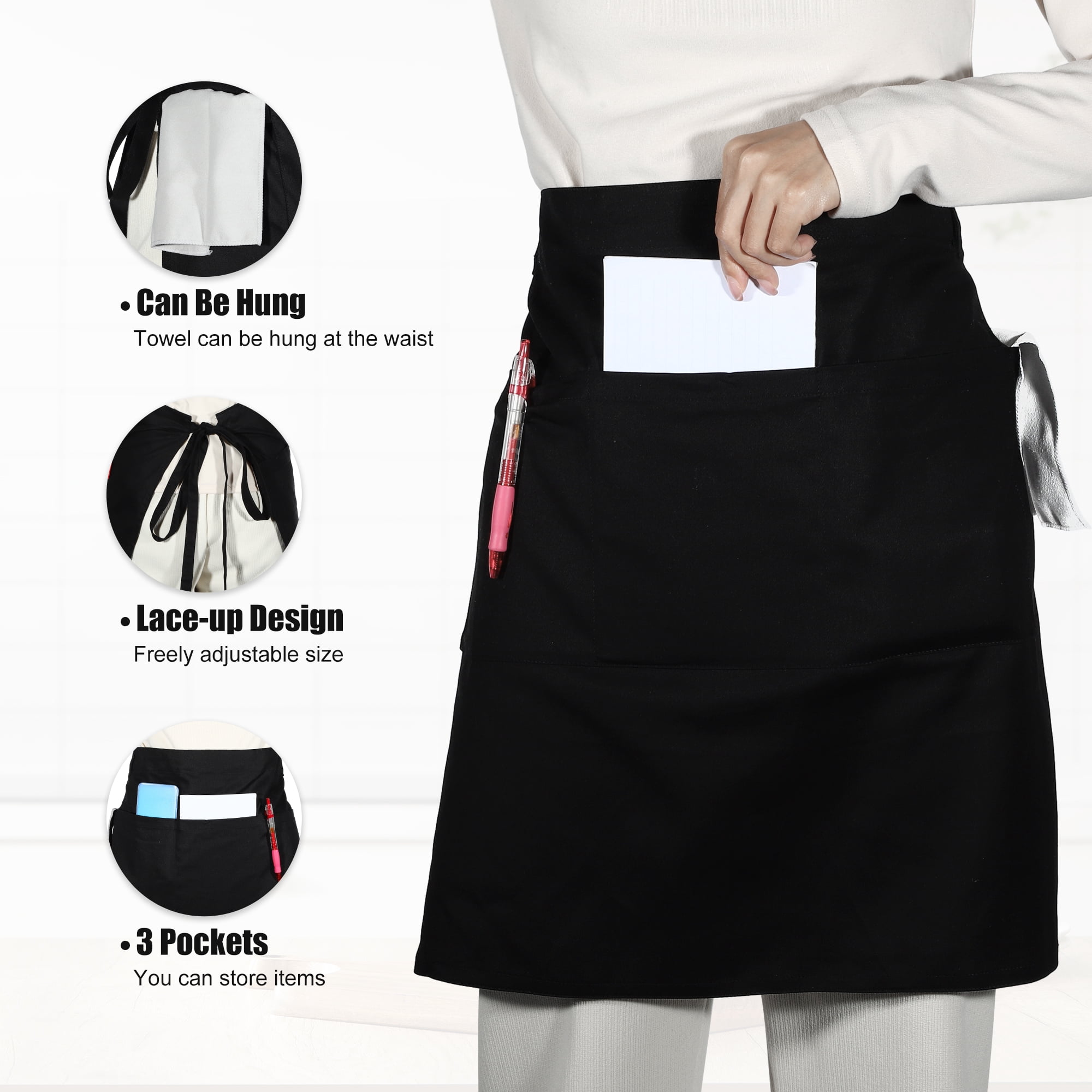 Unique Bargains Serving Cooking Versatile Waist Apron with Pockets Black