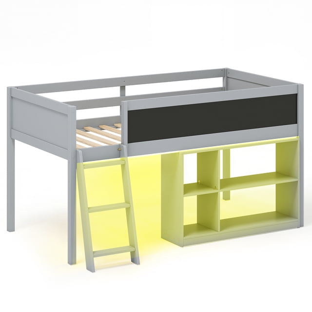 Gymax Kids Loft Bed w/LED Lights Chalkboard & Removable Bookcase Safety Guardrail Gray