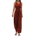 thumbnail image 6 of Lenpel Jumpsuits for Women Summer Casual Sleeveless V Neck Tie Front Pleated Wide Leg Rompers Beach Vacation Outfits, 6 of 7