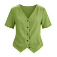 thumbnail image 5 of DLIDG Cotton Linen Tops for Women Button Down V Neck Short Sleeve Waistcoat Shirts Dressy Casual Tunic Shirts Trendy Gauze Vest Blouse Lightweight Blouse Business Vacation Casual Outfits Green Xl, 5 of 5