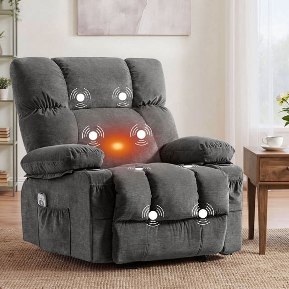 HYSpacerX Recliner Chair with Massage and Heating, Adjustable Swivel Rocker with Cup Holders and Side Pockets, Comfortable Lounger for Living Room, Bedroom, Gray