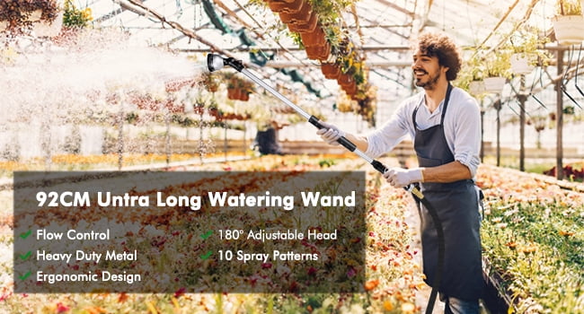 Restmo 36” Long Watering Wand, Metal Garden Hose Wand with 180° Swivel Head and 10 Spray Patterns, 3ft Heavy Duty Hose Nozzle Sprayer with Thumb Flow Control, Ideal to Water Hanging Baskets, Shrubs
