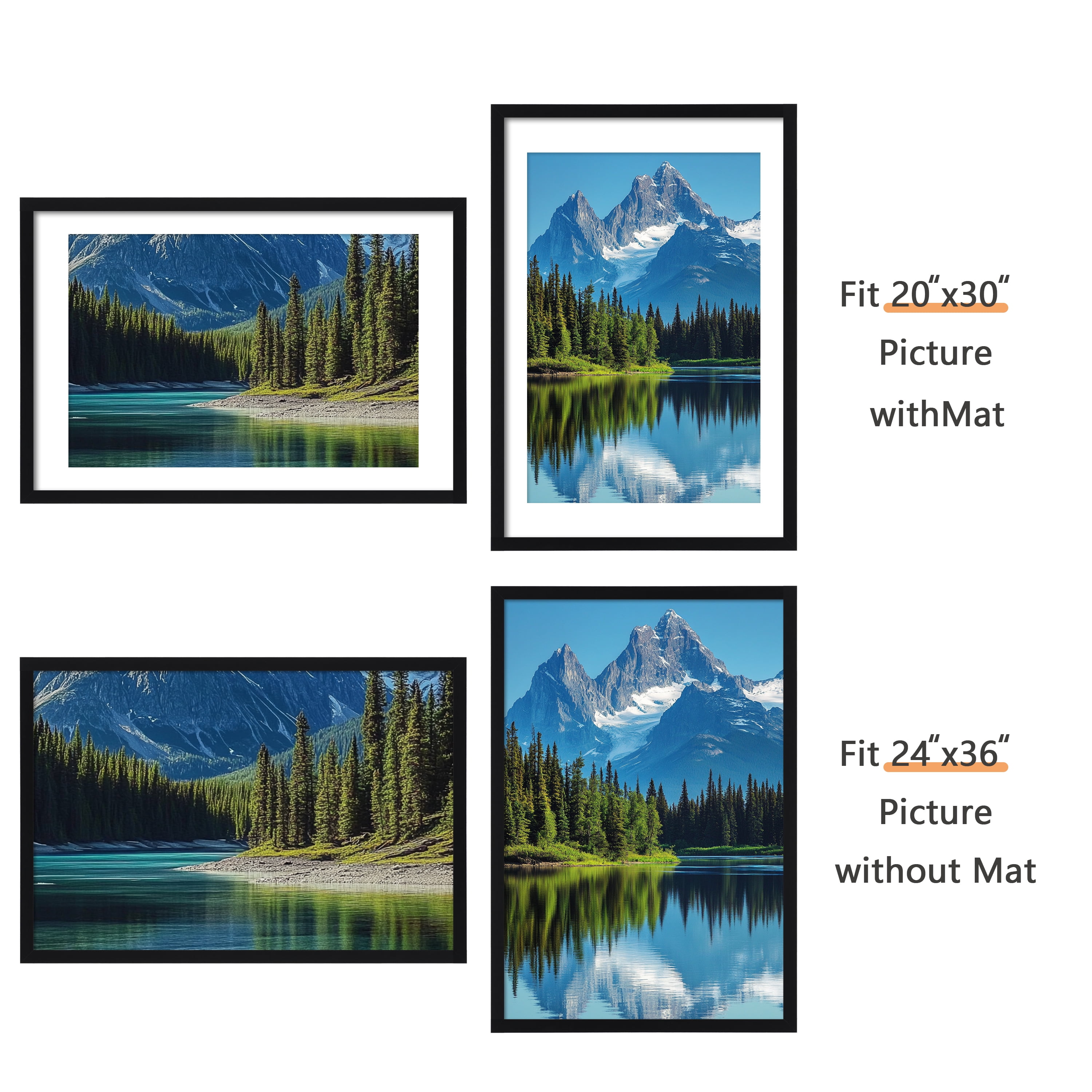 Postrame 24x36 Picture Frame 2 Pack, Black Poster Frame Display Pictures 20x30 with Mat or 24 x 36 Without Mat