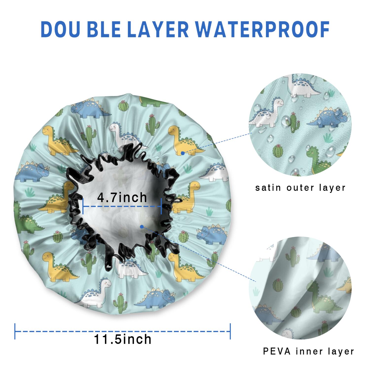 Shower Caps,LightBlue Cartoon Dinosaurs Cacti Pattern Waterproof Shower Cap for Women 4 Pieces,Double Reusable Hair Cover for Shower PEVA Elastic Stretch Hem