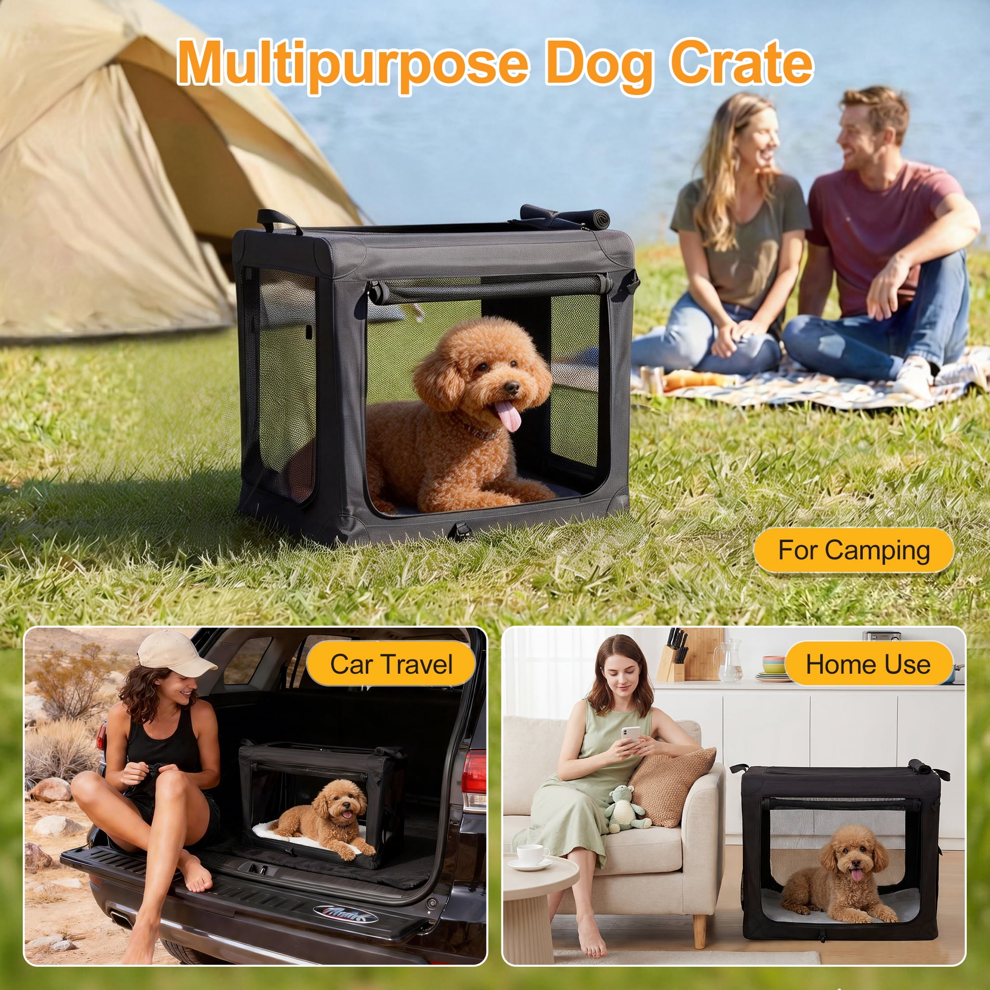 Sweetcrispy Portable Soft-Sided Dog Crate, Folding Travel Kennel with 3 Doors & Storage Pocket, Lightweight Oxford Fabric, Black, 30 lb Limit