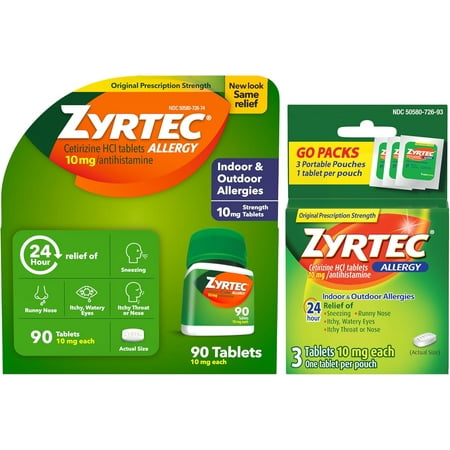 Zyrtec 24 Hour Allergy Relief Tablets, Indoor and Outdoor Allergy Medicine with 10 mg Cetirizine HCl per Antihistamine Tablet, Value Pack, 90 ct + 3 ct Travel Packs