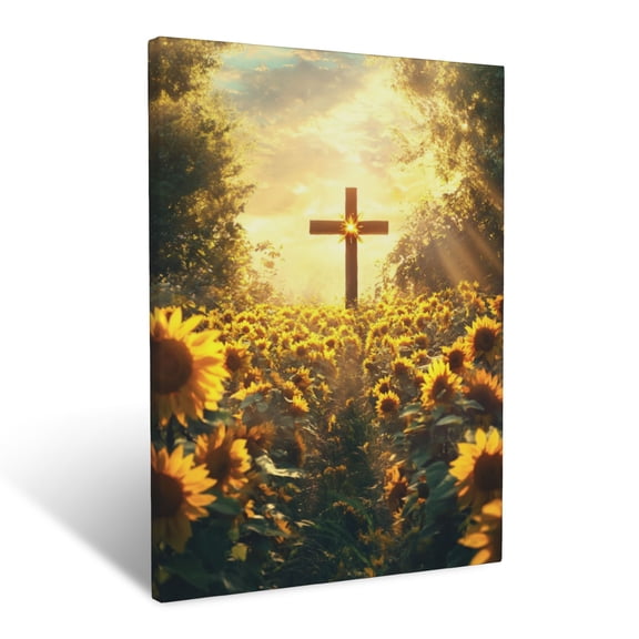 CozyNet Cross Surrounded By Glowing Sunflowers, Vibrant Golden Rays Casting Warmth Across The Scene Wall Art Prints With Frame Canvas Perfect for Living Room & Bedroom, Wall Decor 12"x16"