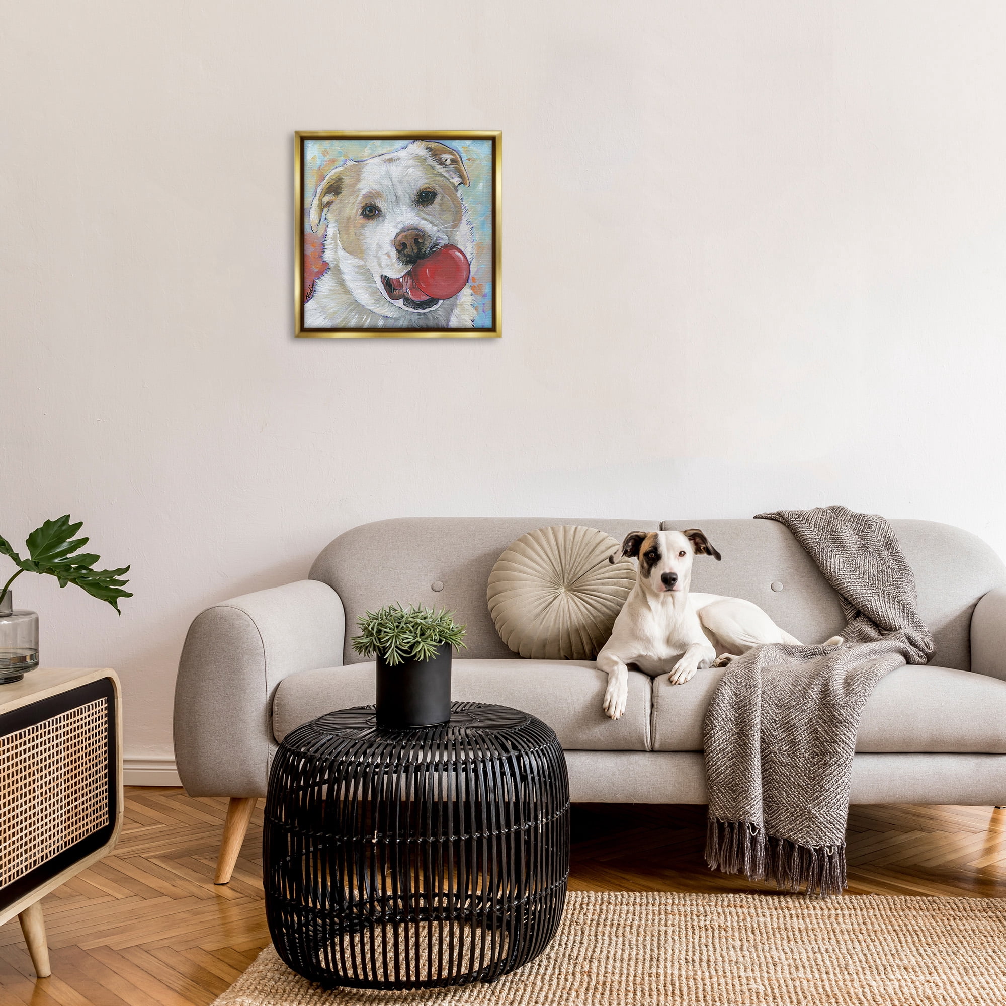 Stupell Industries Dog & Ball Portrait Animals & Insects Painting Gold Floater Framed Canvas Art Print Wall Art, 25 x 25
