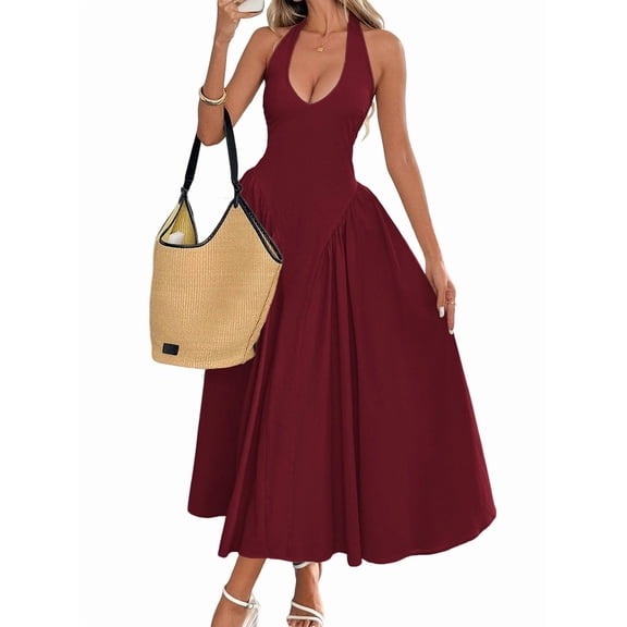 Women'S Casual Midi Dress V Neck Sundress Elegant Flowy A Line Beach Long Dress Wine Red S