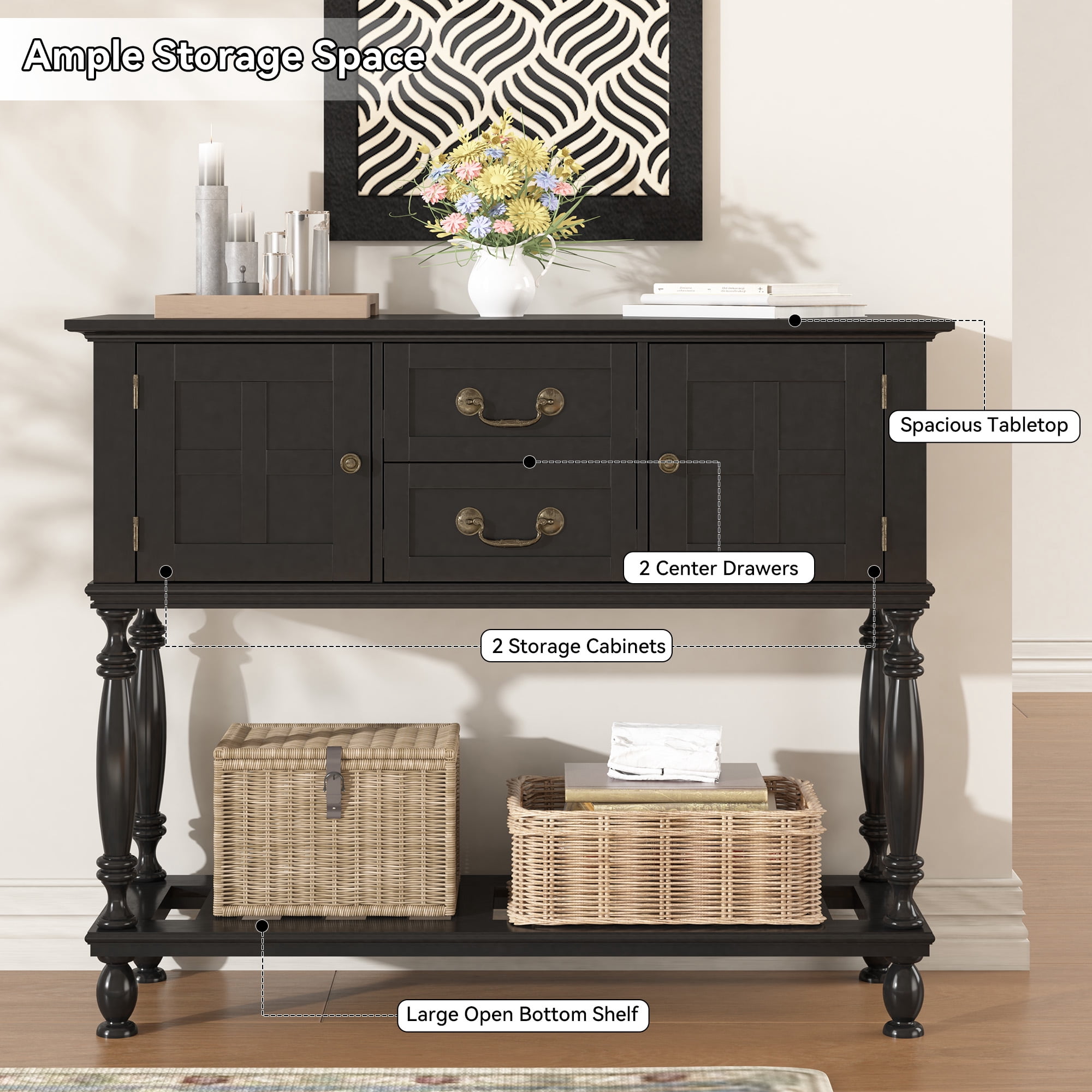 ZOSQUARE 42" Black Console Table with 2 Drawers and Cabinets, Farmhouse Entryway Table with Turned Legs and Bottom Shelf, Vintage Sofa Table for Living Room