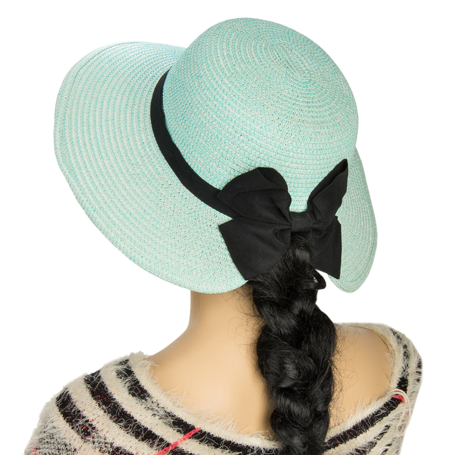Straw Floppy Sun Hat with Ribbon Bow – Packable Collapsible Wide Brim Hat for Beach, Vacation & Outdoor Travel (Teal)