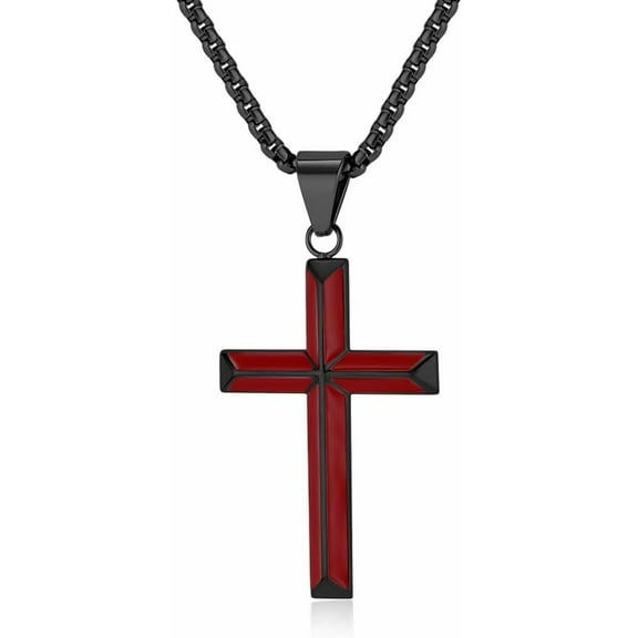 Cross Necklace for Men, Silver Gold Black Stainless Steel Cross Enamel Craft Minimalist Faith Cross Jewelry Mens Cross Pendant 24 Inch Adjustable Box Chain Unisex Cross Jewelry