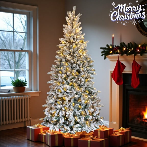 Tcbosik 7ft Pre-Lit Snow Flocked Christmas Tree with 400 Warm White LED Lights & 8 Modes, 1100 Tips PVC & PE Artificial Tree for Holiday Decor