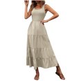 thumbnail image 2 of ChaoHeng Women Dresses Clearance under $10 Women's A-Line Slip Dress Ruffled Hem Round Neck, Sleeveless Solid Color,Beige S, 2 of 6