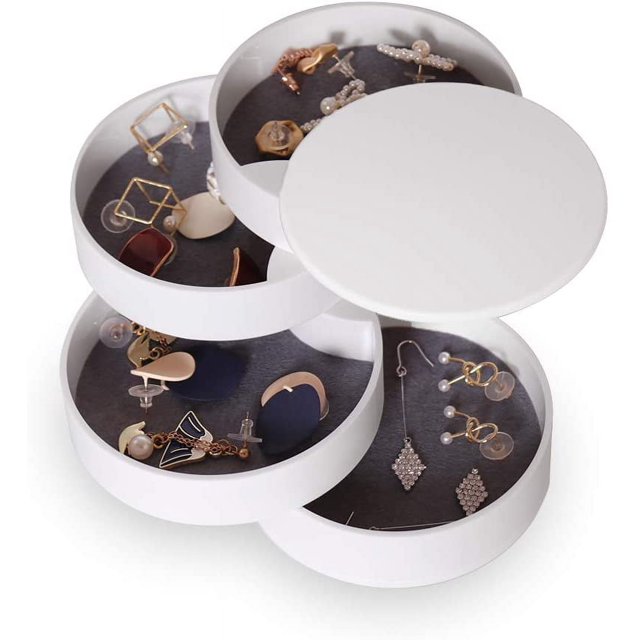 Organizador de joyas, organizador de pendientes, caja organizadora para mujeres y niños, bandeja de joyería de viaje de 4 capas para pulseras, anillos, collares, pulseras (blanco-redondo) Sincero Electrónica