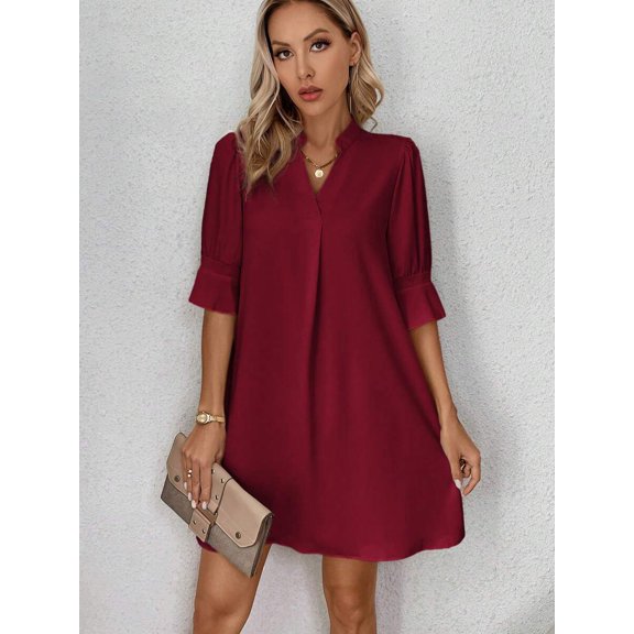 Burgundy Womens V-Neck Short Sleeve Shift Dress, Casual A-Line Mini Dress For Summer Vacation