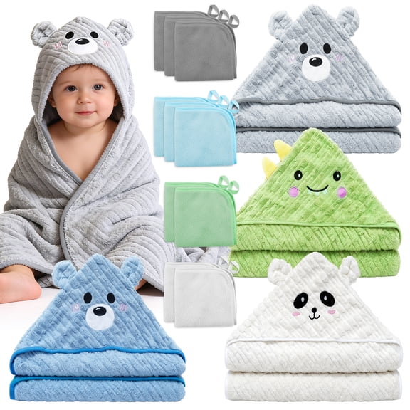 14 PCS Baby Towels Set,4 PCS Soft Baby Hooded  Towels & 10 PCS Washcloths, Baby Bath Towels for Newborns, Infants & Toddlers, Ultra Absorbent, Cute Baby Towel Gift for Boys