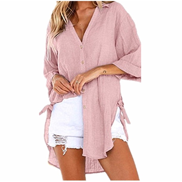 Camisa larga con botones sueltos para mujer, vestido de algodón para mujer, camisetas casuales, camiseta, blusa Fridja hj291