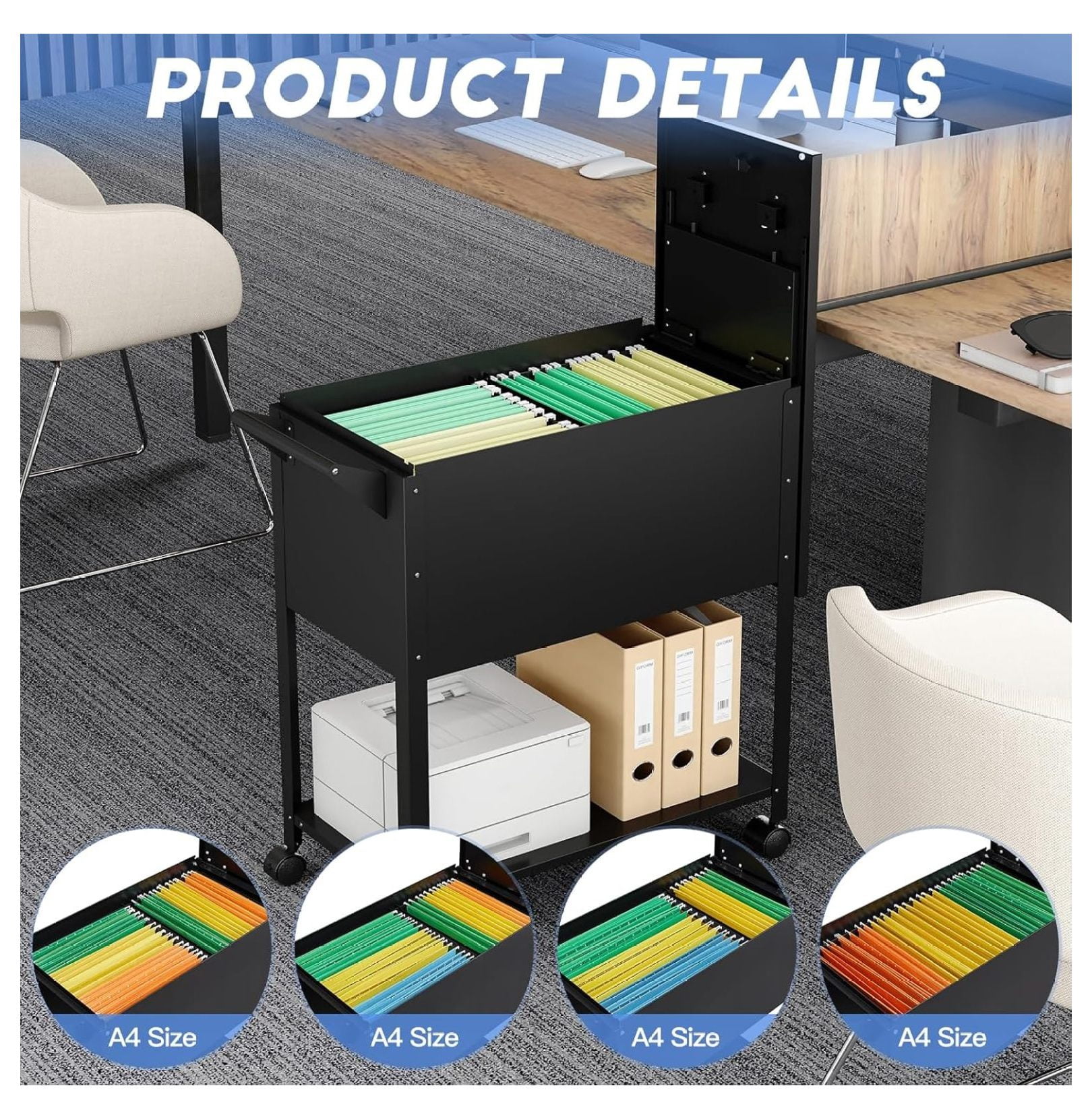 Metal Rolling File Storage Cart with Wheels, Mobile File Cabinet with Lock, Filing Cabinet Organizer for Legal/A4 (Black)