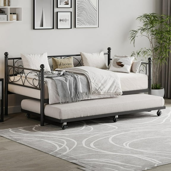 Garvee Twin Size Daybed Frame with Trundle – Metal Day Bed with Floral Headboard, Heavy Duty Steel Slats Support, Modern Twin Bed Frame with Pull-Out Trundle for Living Room, Guest Room – Black