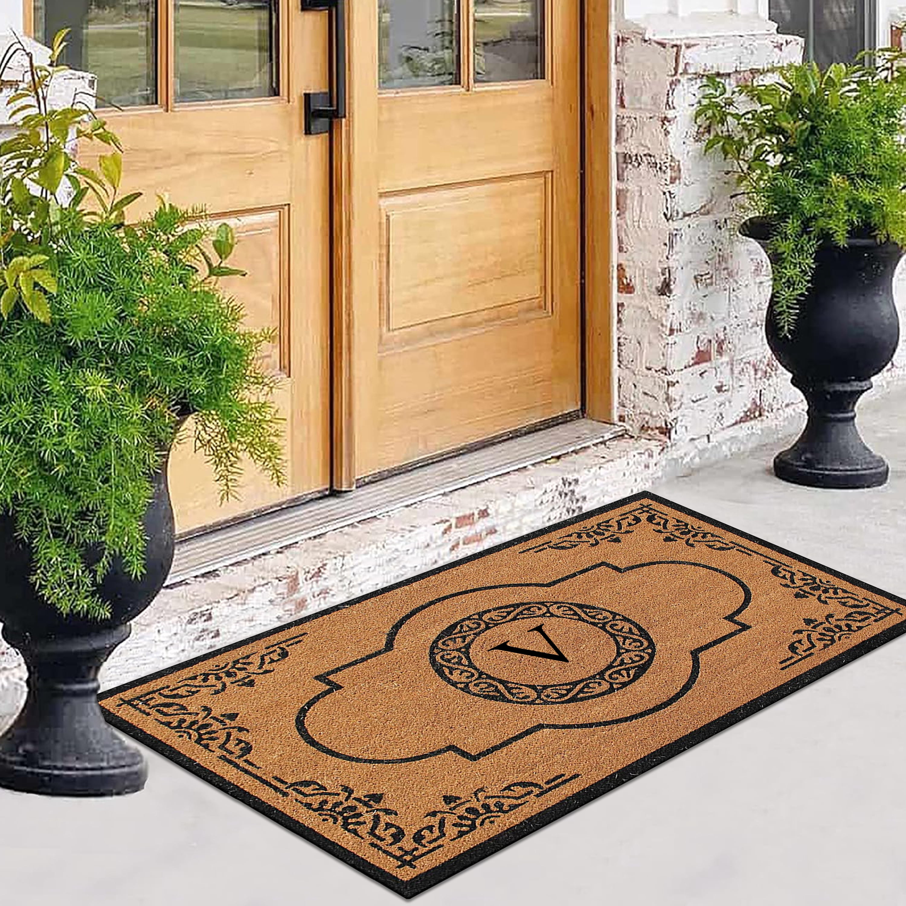 A1 Home Collections 36"x72" Natural Coir Monogrammed Doormat with PVC Backing, Heavy Duty Anti-Shed Front Door Mat
