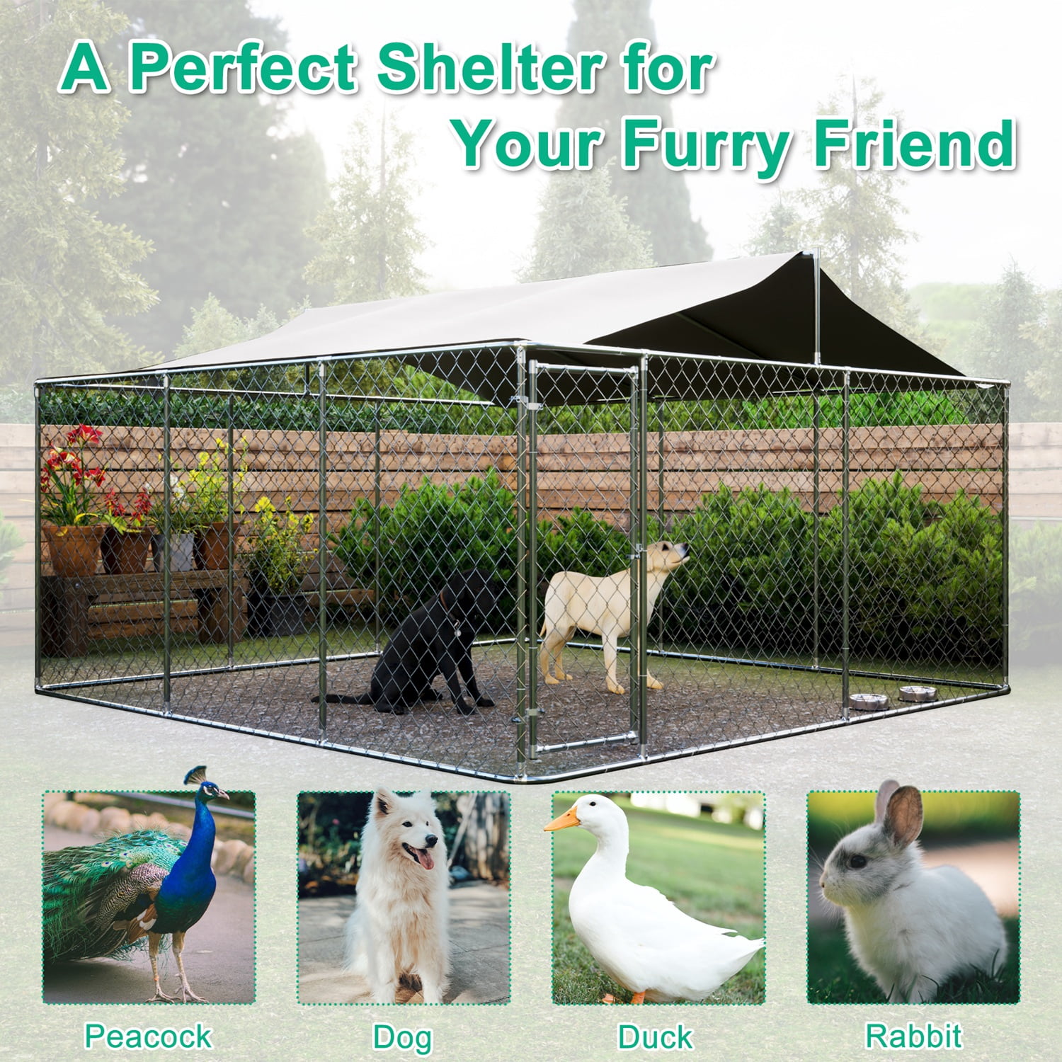 Large Outdoor Dog Kennel, Heavy Duty Galvanized Steel Dog Enclosure with Waterproof UV-Resistant Cover, Lockable Door Chain Link Playpen for Small to Large Pets (177.6" L x 177.6" W x 91.2" H)