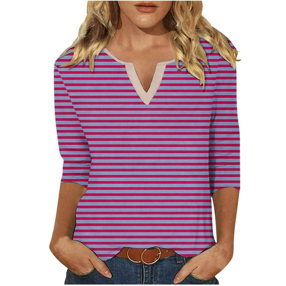 Summer Savings Clearance 2024! TAGOLD Summer Tops T-shirt Blouse for Womens,Fashion Women's Casual Blouses Striped Printed T-Shirt 3/4 Sleeved V-Neck Top