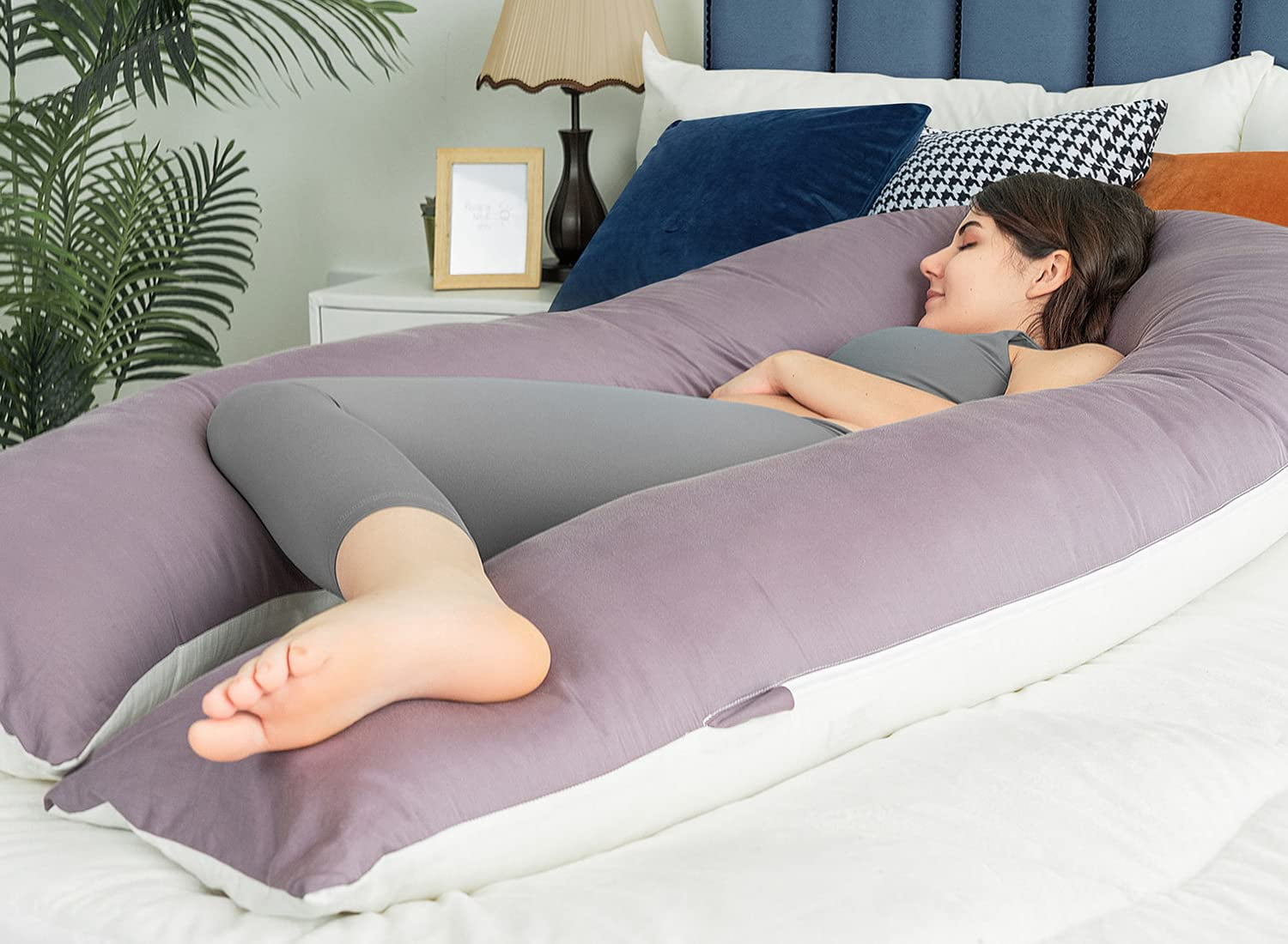 Extra Long U Shaped Body Pillow  65in Pillows For Sleeping Full Support Adults And Maternity Women Sateen Cover Purple White