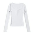 thumbnail image 4 of Arlun,Button up V-Neck T Shirts for Women Petite Stretchy Slim Fit Long Sleeve Fall New Tops Ladies Solid Color Round Neck Basic Tee Shirts White S, 4 of 4