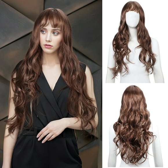 Peluca rizada: Peluca sintética larga y ondulada con flequillo para mujer. Adorno capilar de aspecto natural para uso diario en fiestas.