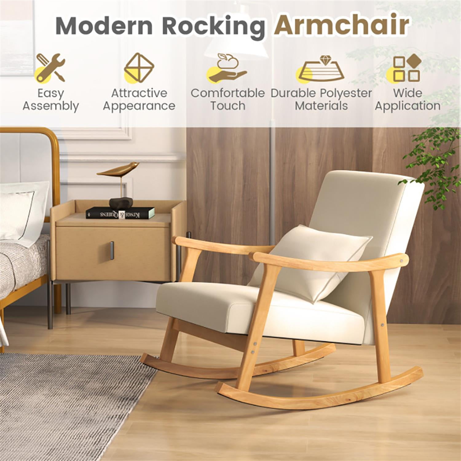 Demi Bonn Upholstered Rocking Chair, Accent Chair with Pillow and Rubber Wood Frame, Suitable for Home, Living Room and Bedroom, Beige