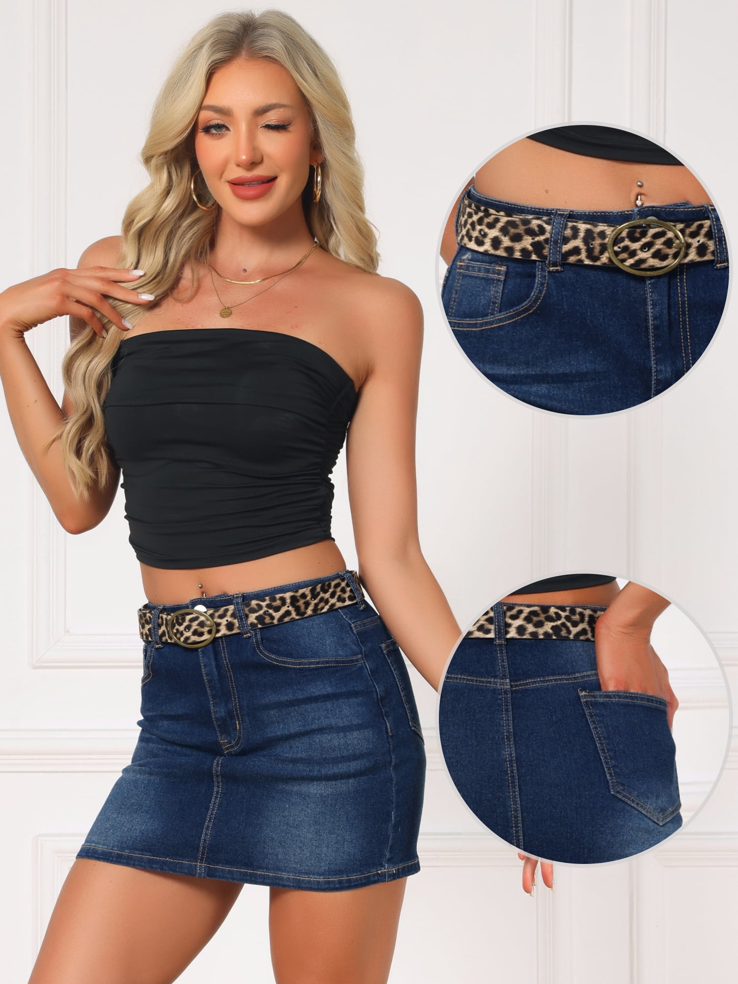DARING DIVA Women's Y2K Western Stretchy Mini Jean Short Skirt with Belt M Dark Blue