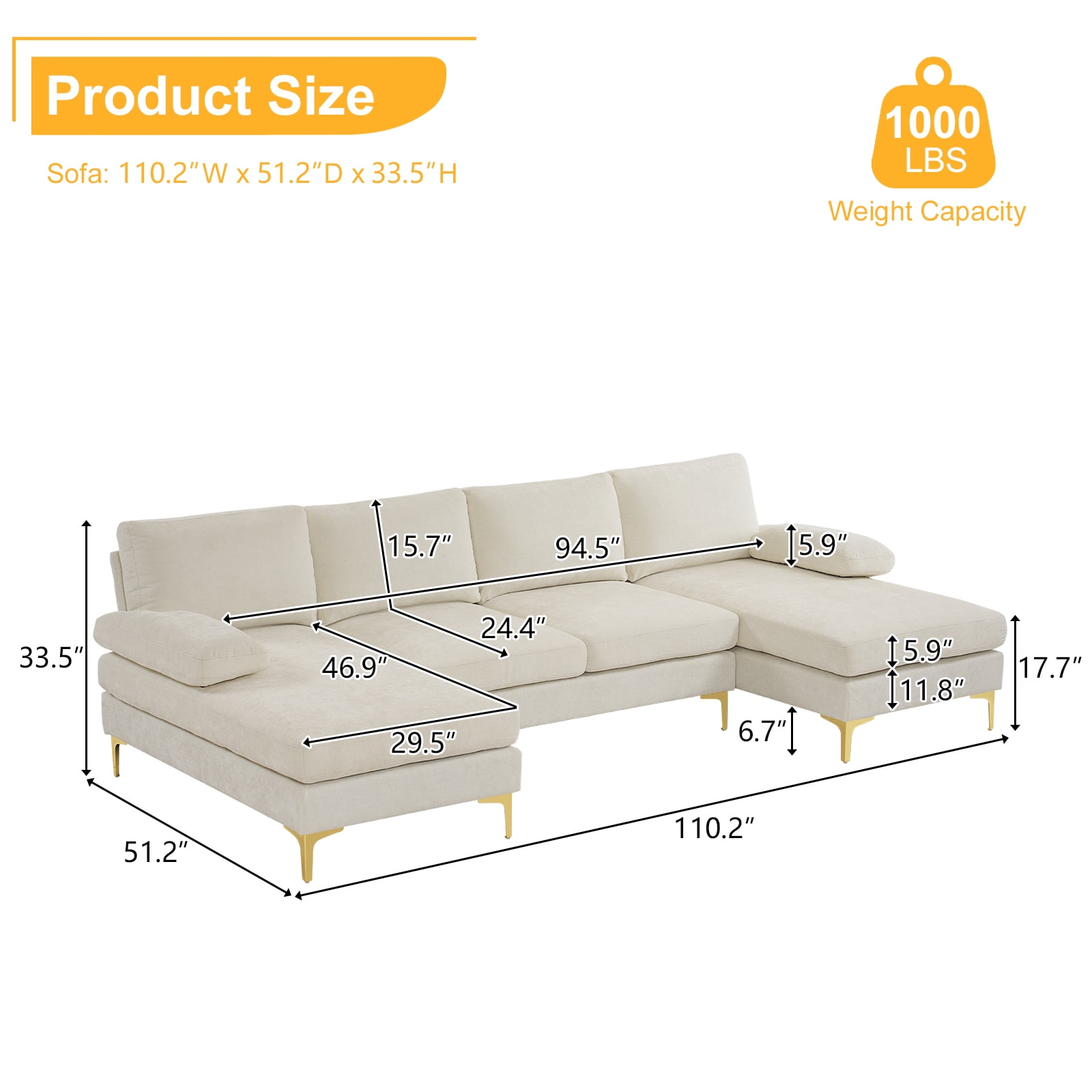 Ktaxon Sectional Sofa Set, 110" U-Shaped Chenille Couch, 4 Seat Lounge Sleeper with Double Chaise for Living Room Beige